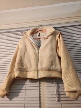 Blank NYC Cream Teddy Front Zip Jacket with Ribbed Sleeves